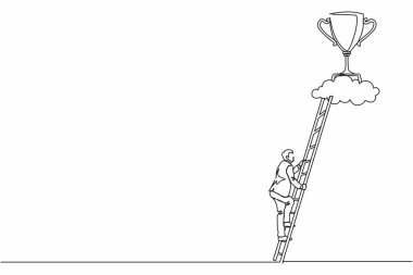 Tek sıra halinde iş adamı bulutların üzerinden kupa için tırmanıyor. İşadamı başarıya ulaşmak için merdivene tırmanıyor. Başarılı olmak için motivasyon konsepti. Bir çizgi çizimi grafik tasarım vektör çizimi