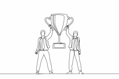 Tek sıra halinde iki adam altın kadeh tutuyordu. Kazananlar zaferi kutluyor. Ödüllü bir iş adamı, kupa kupası. Kutlama işi takım başarısı. Tek çizgi çizimi tasarım vektörü grafiği