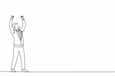 Tek sıra halinde genç işadamı ayakta duruyor ve elini veya kolunu kaldırıyor. Başarılı bir adam. Kariyer amacı. Zafer işareti ya da sembol. Kazanan poz. Aralıksız çizgi çizimi tasarım grafik vektör çizimi