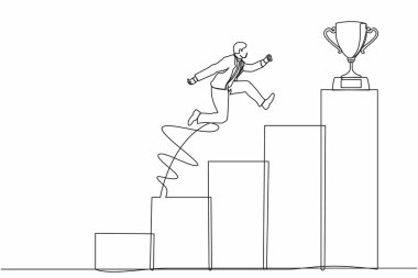 Sürekli bir çizgi halinde işadamı başarıya atlıyor. Başarıya doğru adım at. Kupaya ulaş. İnsanlar hedeflerine ulaşmak için merdivenlerde koşup dururlar. Tek çizgi çizimi tasarım vektörü grafiği