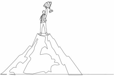Tek sıra halinde başarılı olun. Dağın tepesinde el kaldırarak ödül alan bir iş adamı. Kazanan, mutluluk, hedefe ulaşmak. Aralıksız çizgi çizimi tasarım grafik vektör çizimi