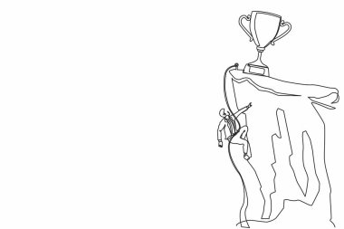 Tek sıra halinde dağcı kendini ipe asar ve kupa kazanmak için kayalık bir dağın tepesine tırmanır. Uçuruma tırmanan aşırı iş adamı. Bir çizgi çizimi grafik tasarım vektörü