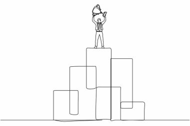 Devamlı bir çizgi, genç işadamını büyük grafik çubuğunda durup kupayı kaldırırken çekiyor. Kazanan poz. Başarı, hedef, başarı ve konsept. Tek çizgi çizimi tasarım vektörü grafik çizimi