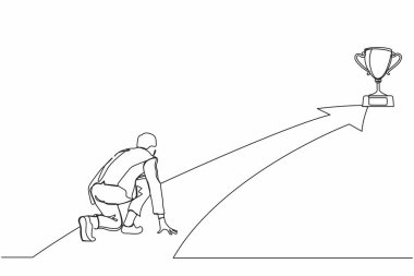 Sürekli bir hat çizen işadamı, hızlı koşuya hazır bir şekilde başlangıç pozisyonundaki iş hedefine hazırlanıyor. Kupaya uzanıyorum. İş konsepti. Tek çizgi çizimi tasarım vektörü grafiği