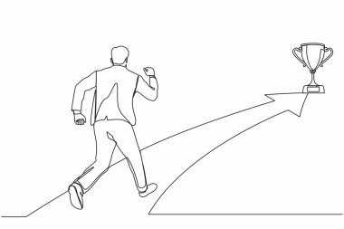 Tek sıra halinde işadamı kupa almak için ileri doğru koşuyor. Kariyerine ve işine başlamaya hazır insanlar. Menajer kaleye doğru koşuyor. Devamlı çizgi çizim tasarım vektörü