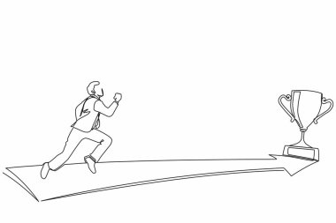 Altın kupaya koşan işadamını çeken tek satır. İş yönetimi ve görev vizyonu kavramı. Amaç, başarı, gelişme, zafer. Devamlı çizgi çizimi tasarım vektörü illüstrasyonu