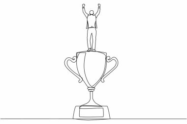 Tek sıra geriden bakan işadamı ödülün üstünde duruyor. İş için başarı ve takdir metaforu. Genç erkek iş ödülünü kutluyor. Devamlı çizgi çizimi grafik vektörü