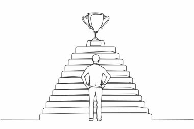 Tek sıra halinde duran işadamı, üzerinde kupa kupasıyla merdivenlerin önünde duruyor. Başarıya giden yol, hedef, iş vizyonu. Dinamik bir çizgi çizer grafik tasarım vektörü çizer 