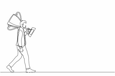 Zaferin sembolü olarak tek sıra halinde büyük kupa taşıyan işadamı. İş konsepti başarı ve rekabet. Modern sürekli çizgi çizimi tasarım grafik vektör çizimi