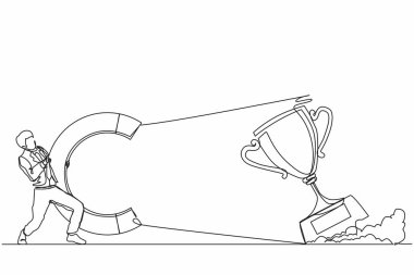 Büyük bir mıknatıs ile büyük kupayı çeken tek sıra halinde iş adamı. Zafer işareti. Başarı, başarı, iş hedefleri konsepti. Dinamik bir çizgi çizer grafik tasarım vektörü çizer