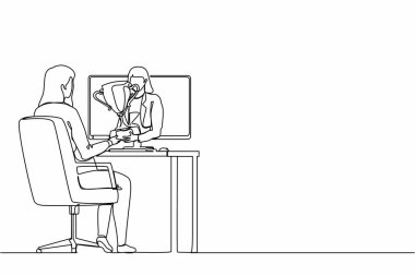 Güzel bir iş kadınını sürekli çeken bir satır monitörden mutlu bir ofis çalışanına altın bir kupa uzatıyor. Online yarışmada ödül. Tek çizgi çizimi tasarım vektörü grafik çizimi