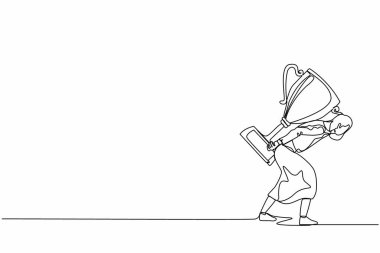 Devamlı bir çizgi zafer kazanma konseptinin ağır yükünü çekiyor. Yorgun ve hayal kırıklığına uğramış iş kadını sırtında büyük bir altın kupa taşıyor. Tek çizgi çizimi tasarım vektörü grafik çizimi