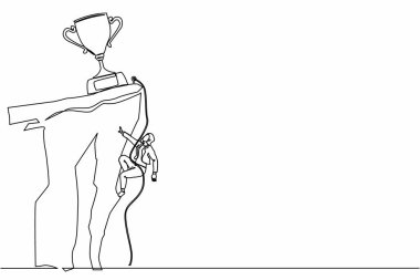 Tek sıra halinde dağcı kendini ipe asar ve kupa kazanmak için kayalık dağ duvarının tepesine tırmanır. Uçuruma tırmanan aşırı iş kadını. Devamlı çizgi çizimi grafik vektörü