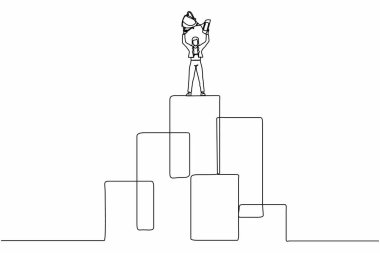 Devamlı bir çizgi, genç iş kadınını büyük grafik çubuğunda durup kupayı kaldırırken çekiyor. Kazanan poz. Başarı, hedef, başarı ve konsept. Tek çizgi çizimi tasarım vektörü grafik çizimi