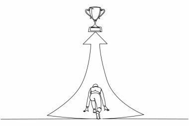 Tek sıra halinde geri görüşlü iş kadını rotanın sonunda kupa için koşmaya hazır. Vizyon görevi ve iş amacı. Kadın hedefine, motivasyonuna koşar. Tek çizgi çizme tasarım vektörü