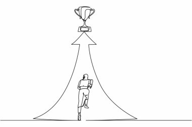 Kupa için uzanan tek bir çizgi. İş kadını hedefe koşuyor. Hedef, başarı, gelişme, yetenek, zafer ve motivasyon için çalışan bir kadın. Devamlı çizgi tasarımı grafik vektör illüstrasyonu