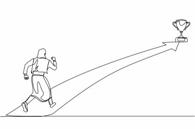 Tek sıra halinde iş kadını kupa almak için ileri doğru koşuyor. Kariyerine ve işine başlamaya hazır insanlar. Menajer kaleye doğru koşuyor. Devamlı çizgi çizim tasarım vektörü