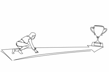 Kesintisiz tek sıra halinde yan gözle bakan iş kadını rotanın sonunda kupa için koşmaya hazır. Vizyon görevi ve iş amacı kavramı. Dişi, hedefine koşuyor. Tek çizgi çizme tasarım vektörü