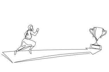 Altın kupa peşinde koşan tek sıra halinde, yandan bakan iş kadını. İş yönetimi ve görev vizyonu kavramı. Amaç, başarı, gelişme, zafer. Bir çizgi grafik tasarım vektörü