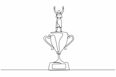 Geriye doğru bakan tek sıra iş kadını ödülün üstünde duruyor. İş için başarı ve takdir metaforu. Kadın iş ödülünü kutluyor. Devamlı çizgi çizimi grafik vektörü