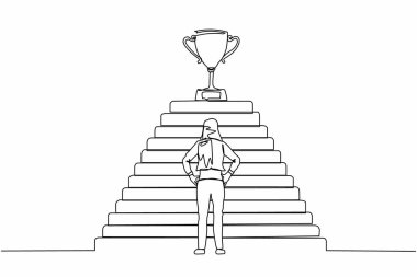 Devamlı tek sıra halinde merdivenin önünde elinde kupa ile etkin bir iş kadını bekliyor. Başarıya giden yol, hedef, iş vizyonu. Tek çizgi çizimi tasarım vektörü grafik çizimi