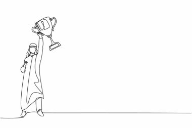 Kollarını havaya kaldırmış, elinde kupa olan Arap işadamı çizmeye devam ediyor. Adam iş ödülünü kutluyor. Kazanan ve hedefe ulaşan. Tek çizgi çizimi tasarım vektörü grafiği