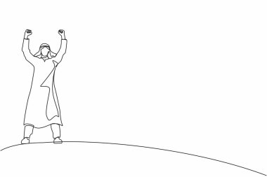 Tek sıra halinde duran ve elini kaldıran Arap işadamı. Başarılı bir adam. Kariyer amacı. Zafer işareti ya da sembol. Kazanan poz. Aralıksız çizgi çizimi tasarım grafik vektör çizimi