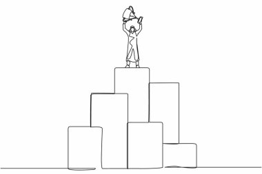 Büyük grafik çubuğunda duran ve kupayı kaldıran tek sıra Arap işadamı. Kazanan poz. Başarı, hedef, başarı ve konsept. Bir çizgi çizimi grafik tasarım vektör çizimi