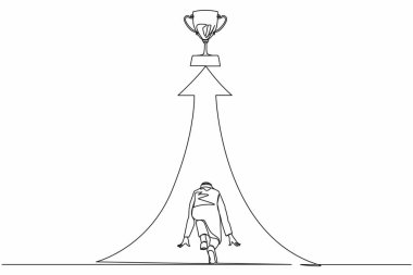 Tek sıra halinde geri çekilen Arap işadamı güzergahın sonunda kupa için koşmaya hazır. Vizyon görevi ve iş amacı. Erkek, hedefine, motivasyonuna koşar. Tek çizgi çizme tasarım vektörü