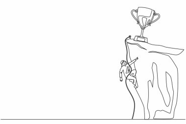 Tek sıra halinde dağcı kendini ipe asar ve kupa kazanmak için kayalık dağ duvarının tepesine tırmanır. Uçuruma tırmanan aşırı Arap işadamı. Devamlı çizgi tasarım grafik vektörü