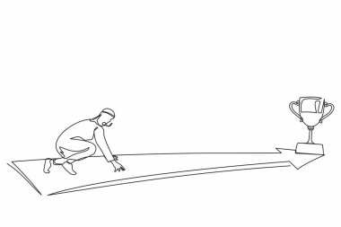 Tek sıra halinde, Arap işadamı güzergahın sonunda kupa için koşmaya hazır. Vizyon görevi ve iş amacı kavramı. İnsanlar hedeflerine koşar. Tek çizgi çizme tasarım vektörü