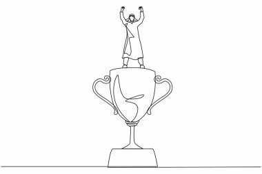 Arap işadamı elini kaldırdı ve kupa üzerinde durdu. Adam iş ödülünü kutluyor. Başarının iş metaforu, takdir. Bir çizgi grafik tasarım vektörü