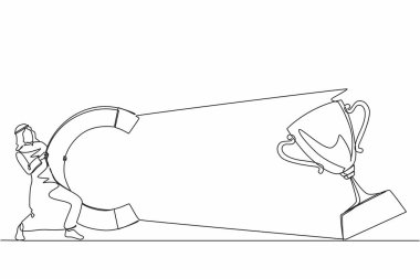 Tek sıra halinde, Arap işadamı büyük bir mıknatıs ile büyük ödüller çekiyor. Zafer işareti. Başarı, başarı, iş hedefleri konsepti. Bir çizgi çizimi grafik tasarım vektör çizimi