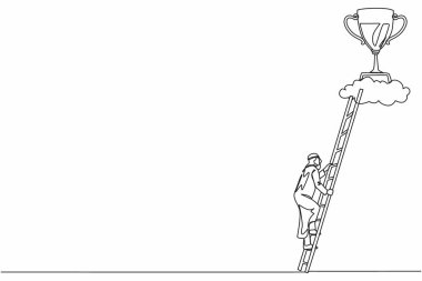 Aralıksız bir çizgi, Arap işadamını bulutların üzerine tırmanmaya zorluyor. İşadamı başarıya ulaşmak için merdivene tırmanıyor. Başarılı olmak için motivasyon konsepti. Tek çizgi tasarım vektör grafik çizimi