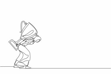 Devamlı bir çizgi zafer kazanma konseptinin ağır yükünü çekiyor. Yorgun ve hayal kırıklığına uğramış Arap iş kadını sırtında büyük bir altın kupa taşıyor. Tek çizgi tasarım vektör grafik çizimi