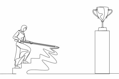 Arap iş kadını çizen tek sıra merdivenleri çıkmak, merdivenleri çıkmak ve kupa kupasına ulaşmaya çalışmak için kocaman bir kalem kullanıyor. İş geliştirme. Bir çizgi grafik tasarım vektörü