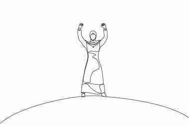 Ayakta duran ve kollarını kaldıran mutlu bir Arap iş kadını çizmeye devam ediyor. Başarılı bir kadın. Kariyer amacı. Zafer işareti ya da sembol. Kazanan poz. Tek çizgi çizimi tasarım vektörü grafiği