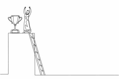 Arap iş kadınının kupa kazanmak için merdivenleri tırmandığı ve kollarını havaya kaldırdığı tek sıra. Kadın iş ödülünü kutluyor. Devamlı çizgi tasarımı grafik vektör illüstrasyonu