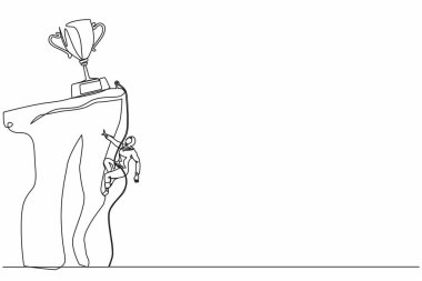 Tek sıra halinde dağcı kendini ipe asar ve kupa kazanmak için kayalık bir dağın tepesine tırmanır. Uçuruma tırmanan aşırı Arap iş kadını. Bir çizgi grafik tasarım vektörü