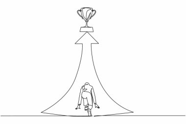 Tek sıra halinde geri çekilen Arap iş kadını güzergahın sonunda kupa için koşmaya hazır. Vizyon görevi, iş amacı. Dişi, hedefine koşuyor. Bir çizgi çizimi grafik tasarım vektörü