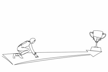 Tek sıra halinde, yan görüş çizen Arap iş kadını yolun sonunda kupa için koşmaya hazır. Vizyon görevi ve iş amacı. Dişi, hedefine koşuyor. Bir çizgi çizimi grafik tasarım vektörü