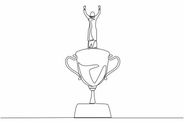 Tek sıra geri çekilen Arap iş kadını ödülün üstünde duruyor. İş için başarı ve takdir metaforu. Kadın iş ödülünü kutluyor. Devamlı çizgi tasarım grafik vektörü