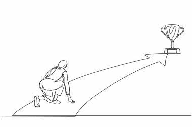 Arap iş kadınlarını kendine çeken tek sıra, iş hayatına başlama hedefini belirlemeye hazır ol. Kupaya uzanıyorum. İş konsepti. Bir çizgi grafik tasarım vektörü