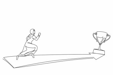 Altın kupa peşinde koşan Arap iş kadını tek sıra halinde. İş yönü ve görev vizyonu. Amaç, başarı, gelişme, zafer. Devamlı çizgi çizimi grafik vektörü