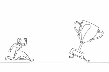 Bir satırda Arap iş kadını ödül yakalamaya çalışıyor. Kadın koşuyor ve koşuyor. Kaçan kupayı kovalıyor. İş meydan okuma metaforu. Devamlı çizgi tasarımı grafik vektör illüstrasyonu