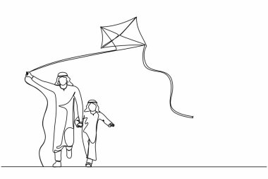 Tek sıra halinde, parka uçurtma fırlatan Arap baba ve oğlunu çekiyor. Mutlu genç baba ve çocuk birlikte boş zaman geçiriyorlar. Dinamik bir çizgi çizer grafik tasarım vektörü çizer