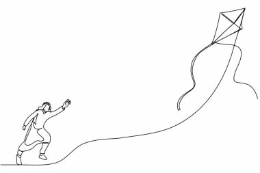 Aktif Arap iş adamlarının uçan uçurtmayla koştuğu bir hat. Fırsatlar için yarış, hayalleri yakala. Başarı ürünü başlatma metaforu. Tek çizgi çizimi tasarım vektörü grafik çizimi