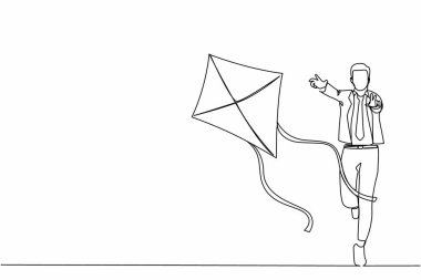 Uçurtma uçuran aktif iş adamlarını çeken tek sıra. Fırsatlar için yarış, rüya metaforu yakala, iş projesini yönet. Dinamik bir çizgi çizer grafik tasarım vektörü çizer