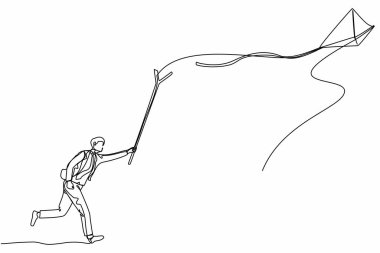 Aktif iş adamını çeken tek çizgi, sopayla uçurtma kovalamaya koşar. Ürün tanıtım projesi için yarış. Başarı iş metaforu. Modern sürekli çizgi çizimi tasarım grafik vektör çizimi