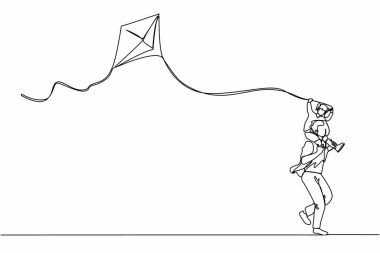 Tek sıra halinde baba-kız çizerek eğlenin, uçurtma uçurun. Baba kızını omuzlarında taşıyor, parkta oynuyor ve koşuyor. Dinamik bir çizgi çizer grafik tasarım vektörü çizer